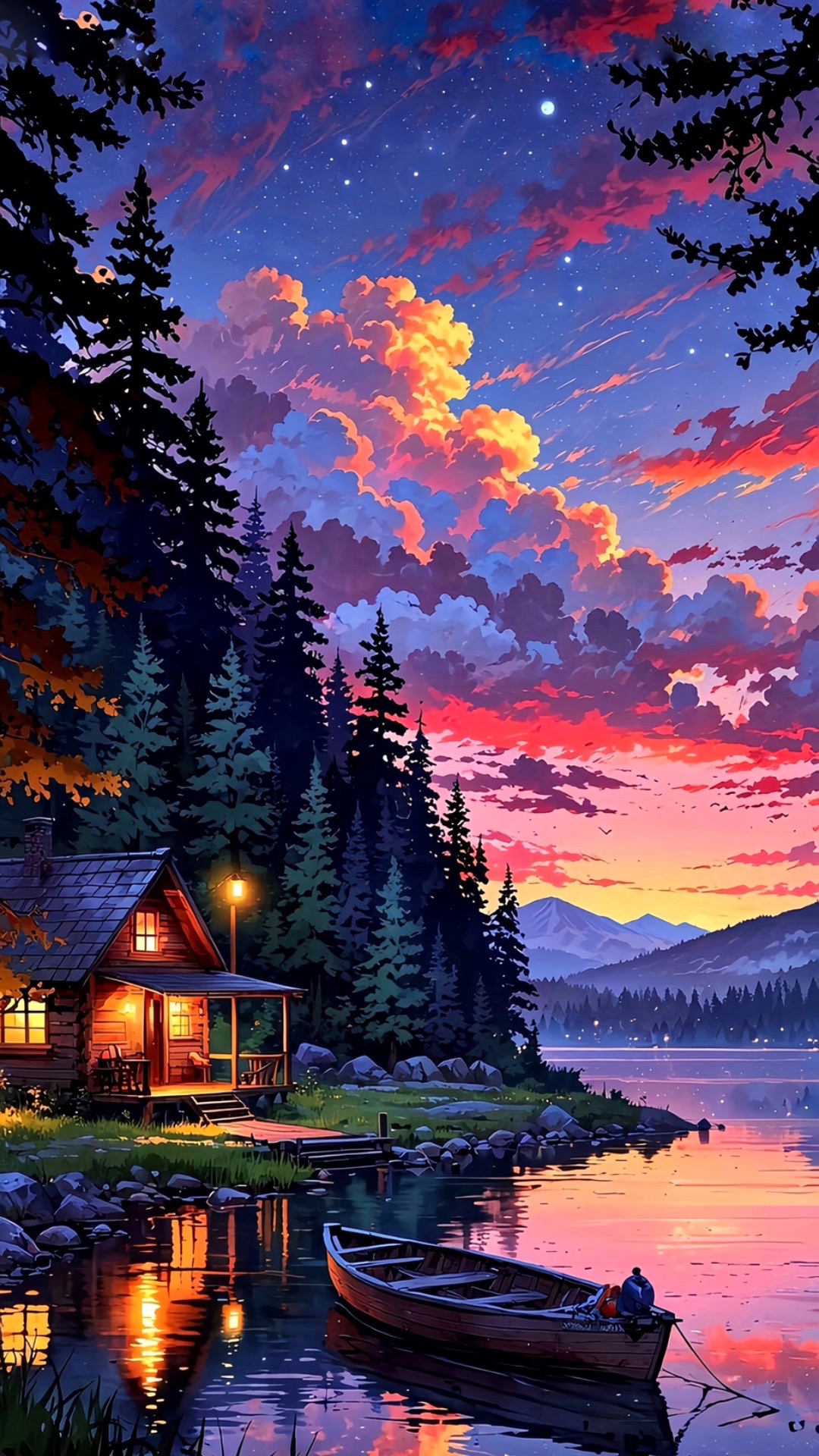 #ilustracion #lago #lake #bote #canoa #barco #cabaña #bosque