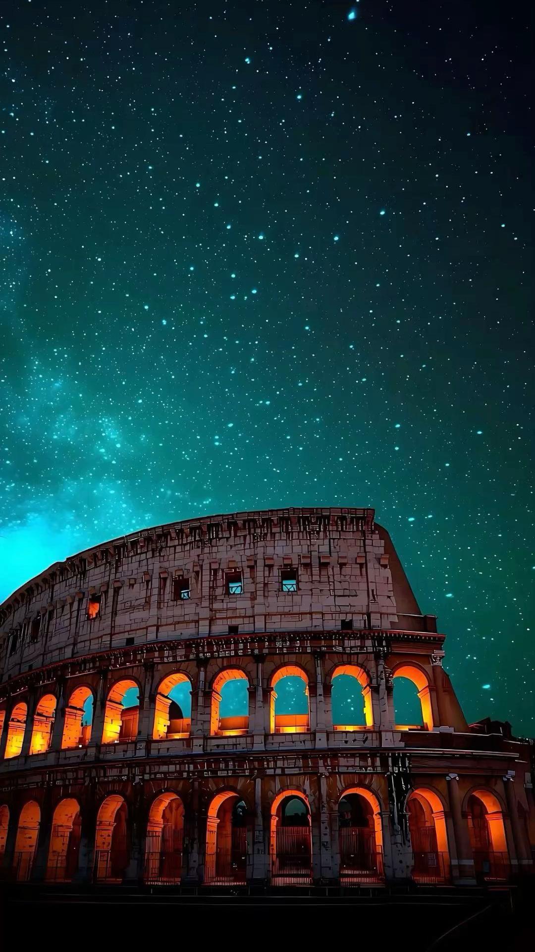 #roma #coliseo #antiguo #historia #ruinas #noche #estrellas #maravilla #italia #espacio #cosmos #universo