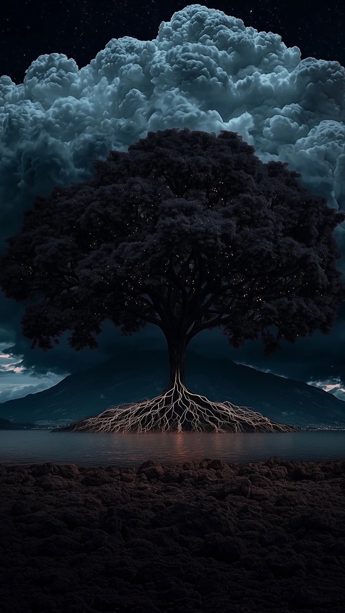 #arbol #tree #raices #roots #agua #water #noche #night #misterio #mystery #fantasía #fantasy #nubes #clouds