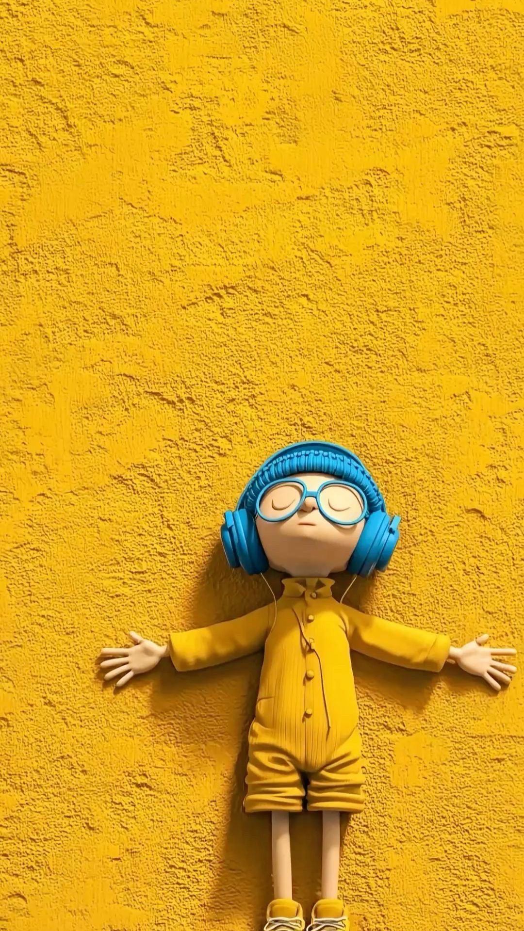 #amarillo #yellow #muñeco #figurine #beanie #gorro #glasses #gafas #headphones #auriculares #pared #wall #relajado #relaxed