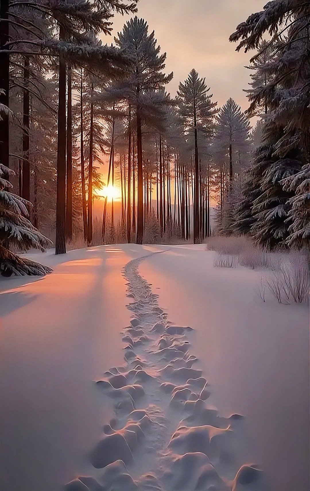 #invierno #winter #bosque #forest #huellas #footprints #puesta #sunset #nieve #snow #pinos #pine #camino #path