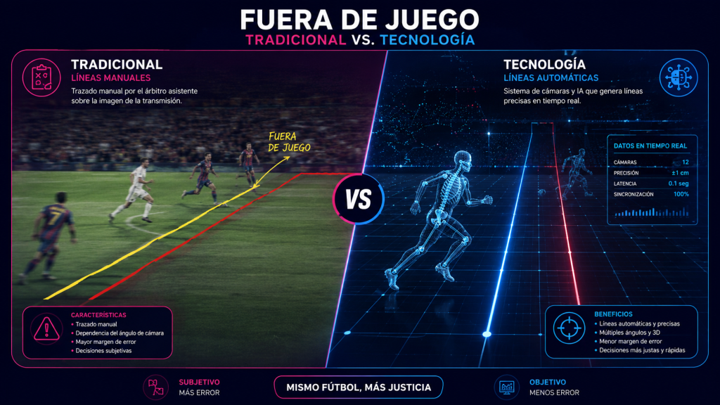 Infografía comparativa del fuera de juego tradicional vs el sistema semiautomático SAOT con IA y 50 cámaras en el Mundial 2026