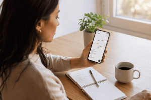 Mónica organizando su rutina diaria con varias apps en el móvil, ambiente cálido y minimalista