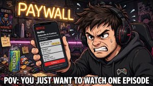 Ilustración de un fan enfadado por tener que pagar Netflix para ver el tráiler de GTA 6.