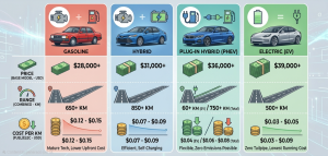 Infografía comparativa entre coches de gasolina, híbridos, híbridos enchufables y eléctricos a nivel global.