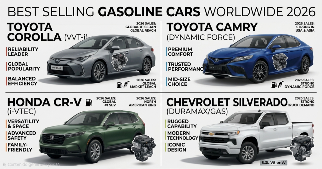 Comparativa de los coches de gasolina más vendidos del mundo en 2026: Toyota Corolla, Camry, Honda CR-V, Ford F-Series y Chevrolet Silverado.