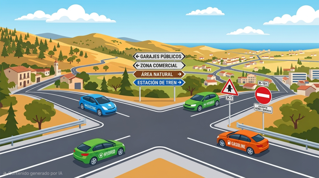 Ilustración de tres coches en una encrucijada: eléctrico, híbrido y gasolina.