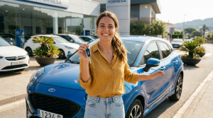 Conductor feliz con su coche nuevo después de elegir la mejor opción para su estilo de vida.
