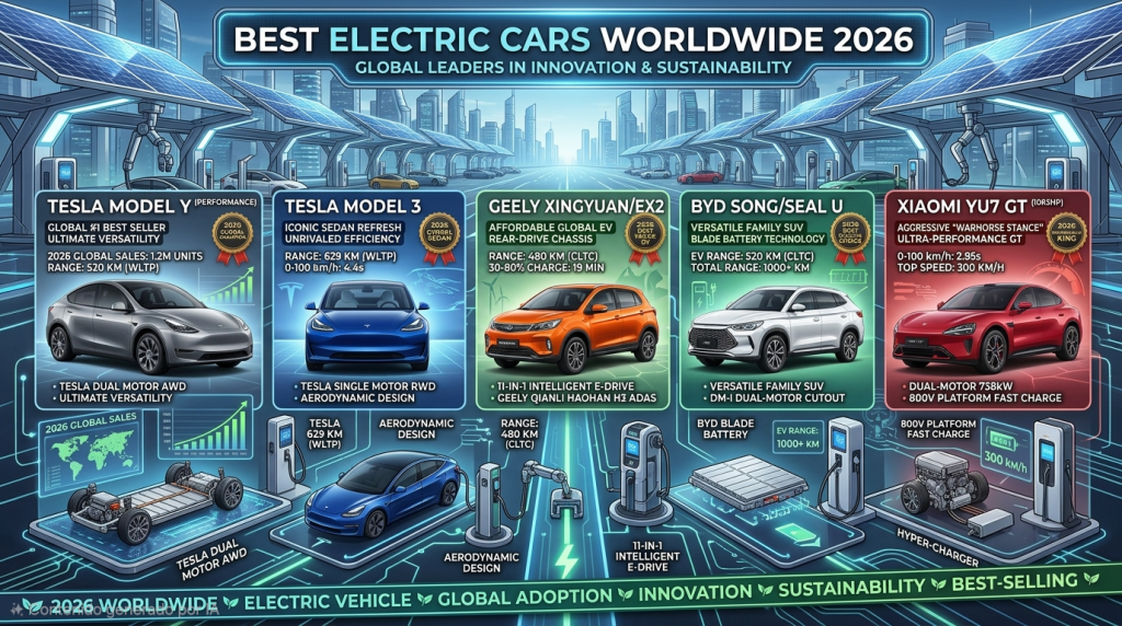 Los coches eléctricos más vendidos del mundo en 2026: Tesla, Geely, BYD y Xiaomi.
