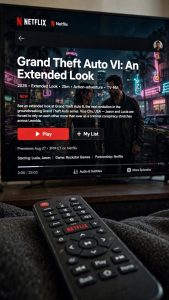 Pantalla de Netflix lista para reproducir el tráiler extendido de Grand Theft Auto VI.