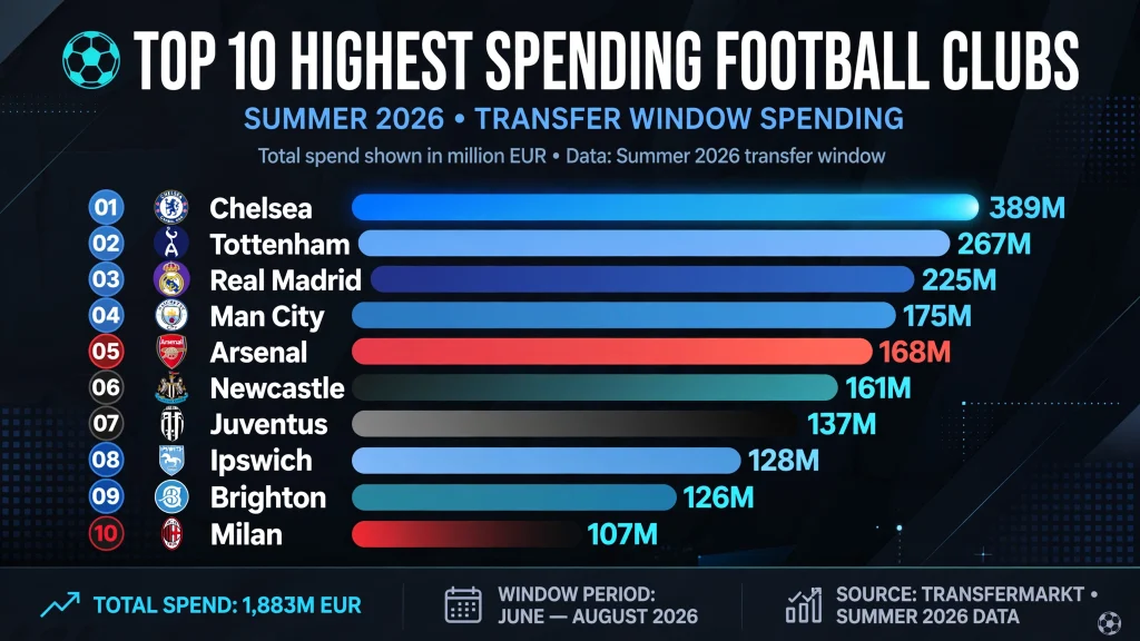 Los 10 clubes que más dinero gastaron en fichajes en el verano de 2026.