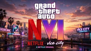 Logotipos de GTA 6 y Netflix fusionados representando la alianza entre Rockstar y la plataforma de streaming.