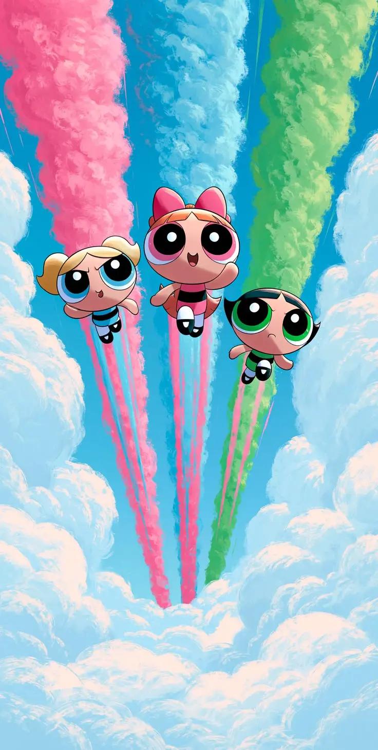 #chicas #powerpuff #superpoderosas #heroínas #heroes #vuelo #flying #nubes #clouds #cielo #sky #color