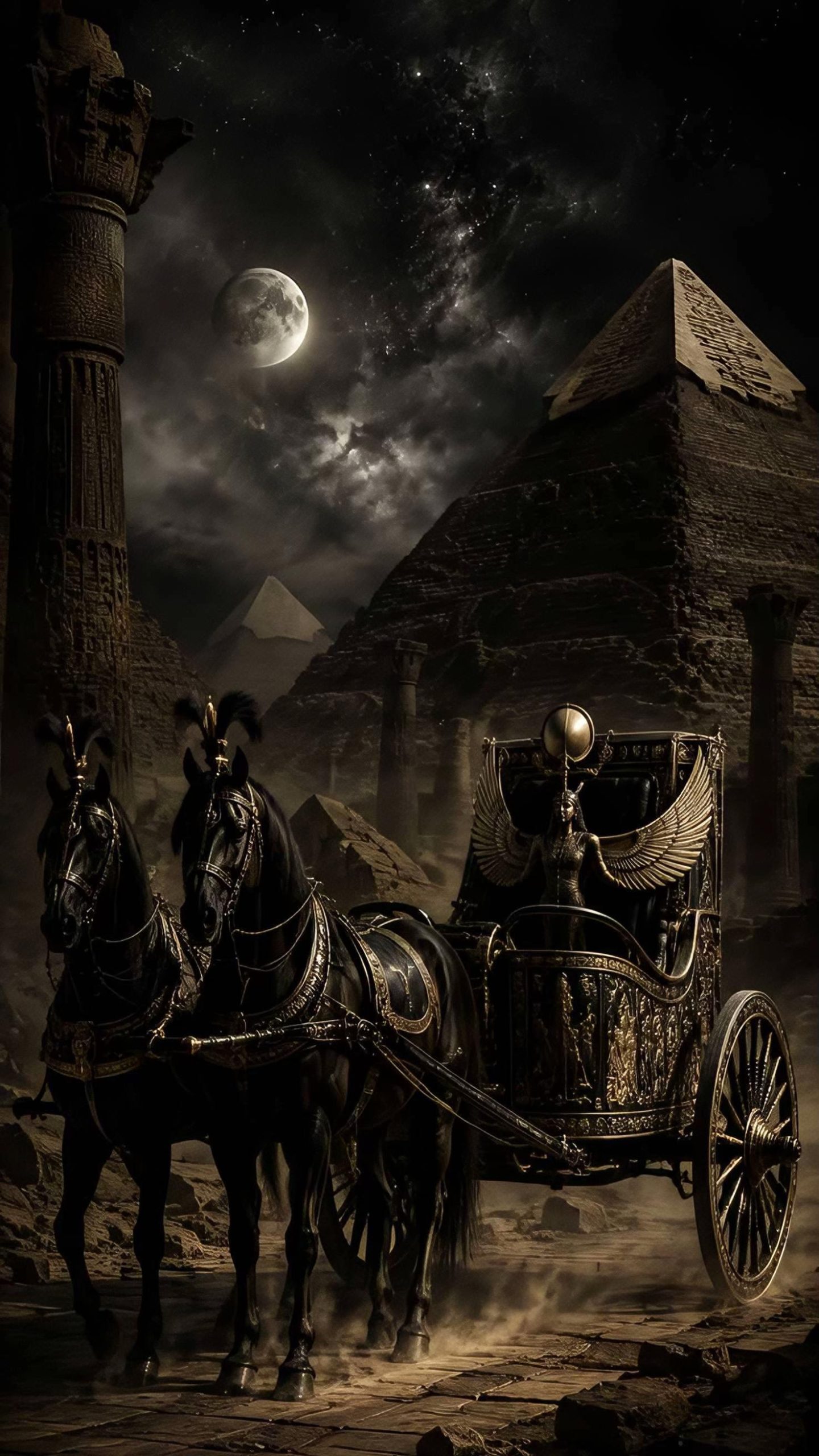 #egipto #egypt #piramide #pyramid #caballo #horse #carroza #chariot #luna #moon #noche #night