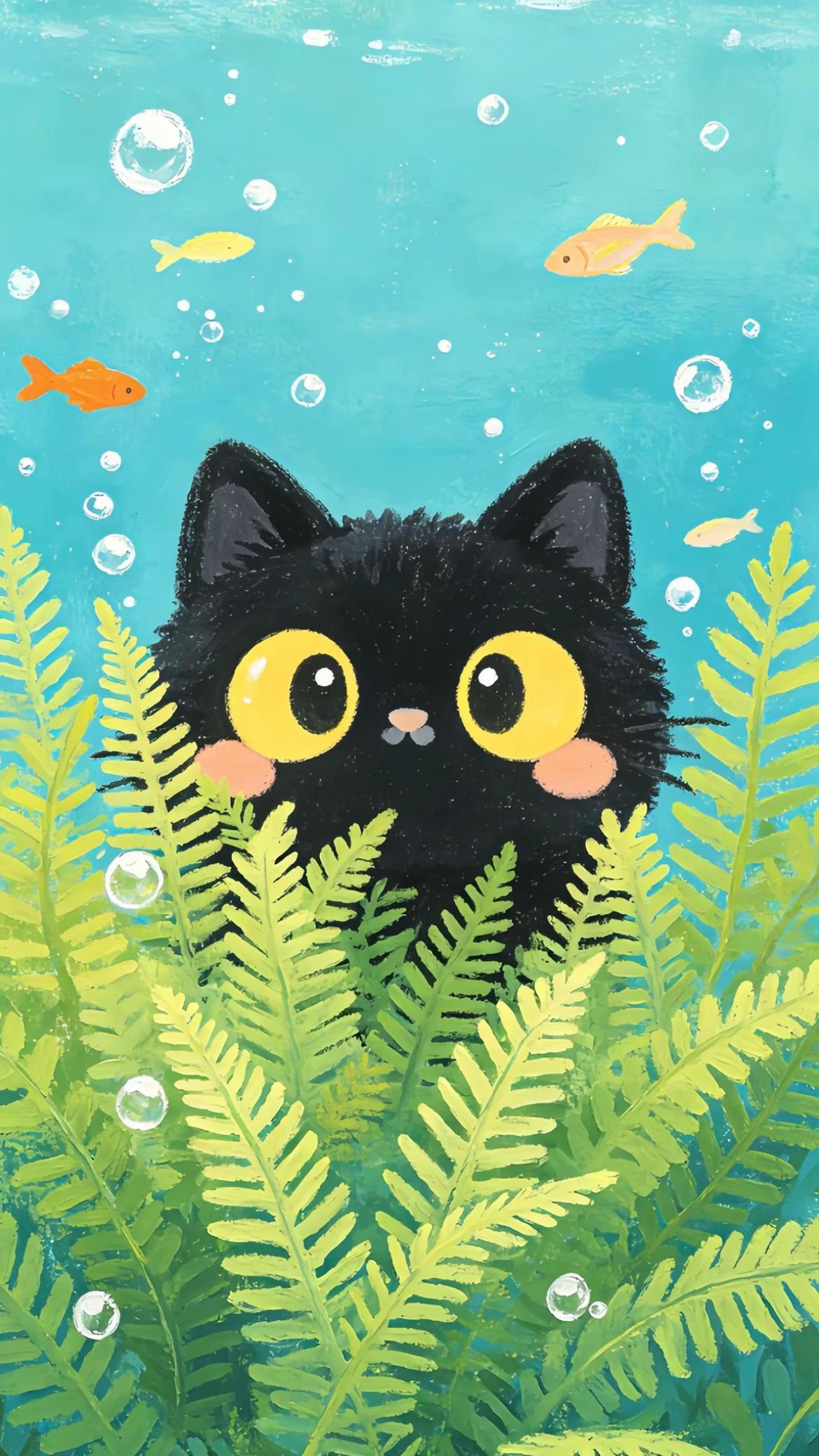 #gato #cat #negro #black #agua #water #pez #fish #burbujas #bubbles #algas #seaweed