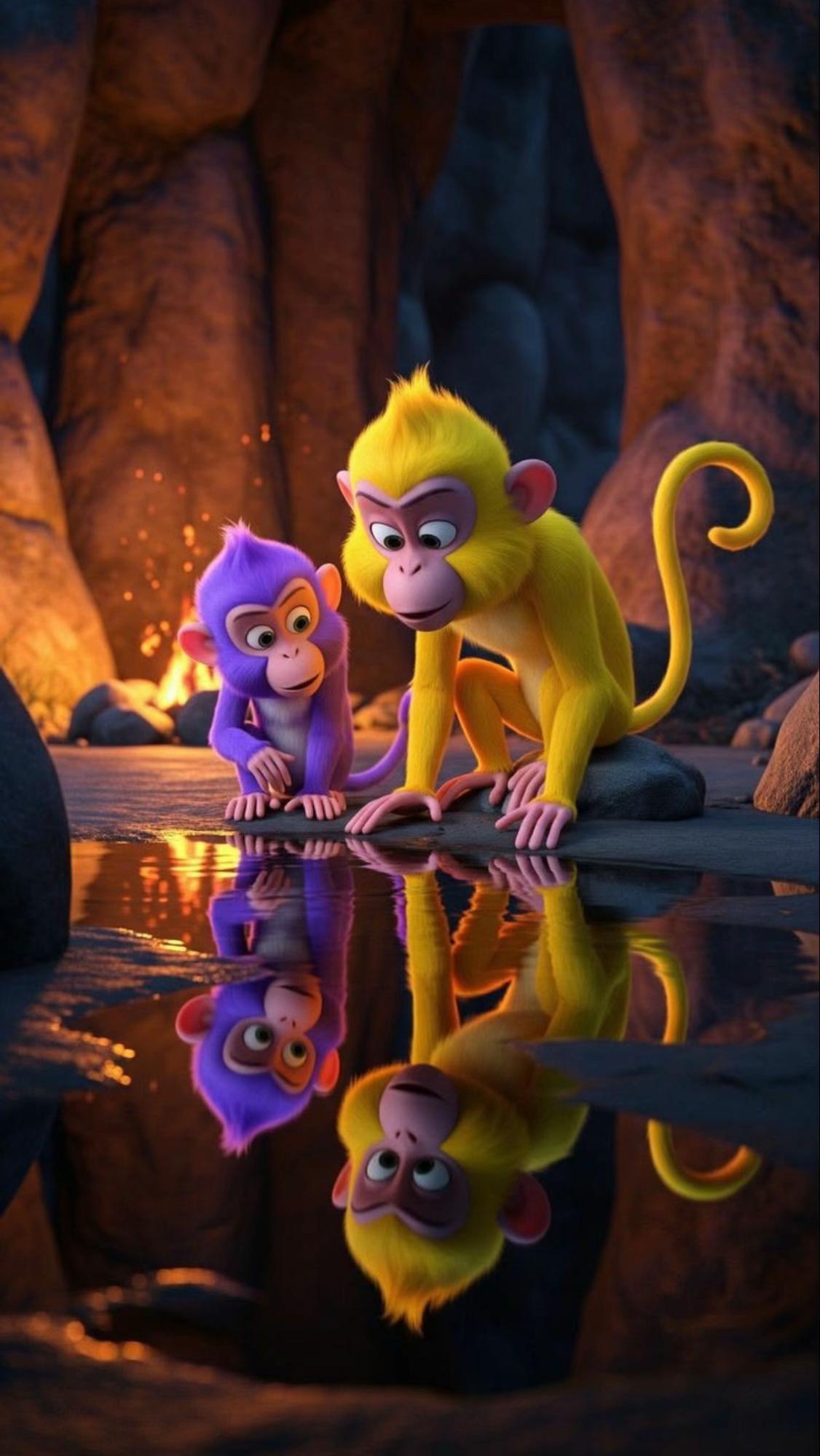 #monos #monkeys #morado #purple #amarillo #yellow #reflejo #reflection #agua #water #cueva #cave