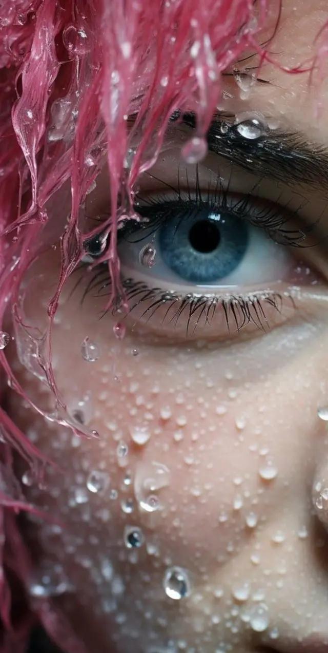#ojo #eye #azul #blue #rosa #pink #agua #water #gotas #drops #mirada #gaze