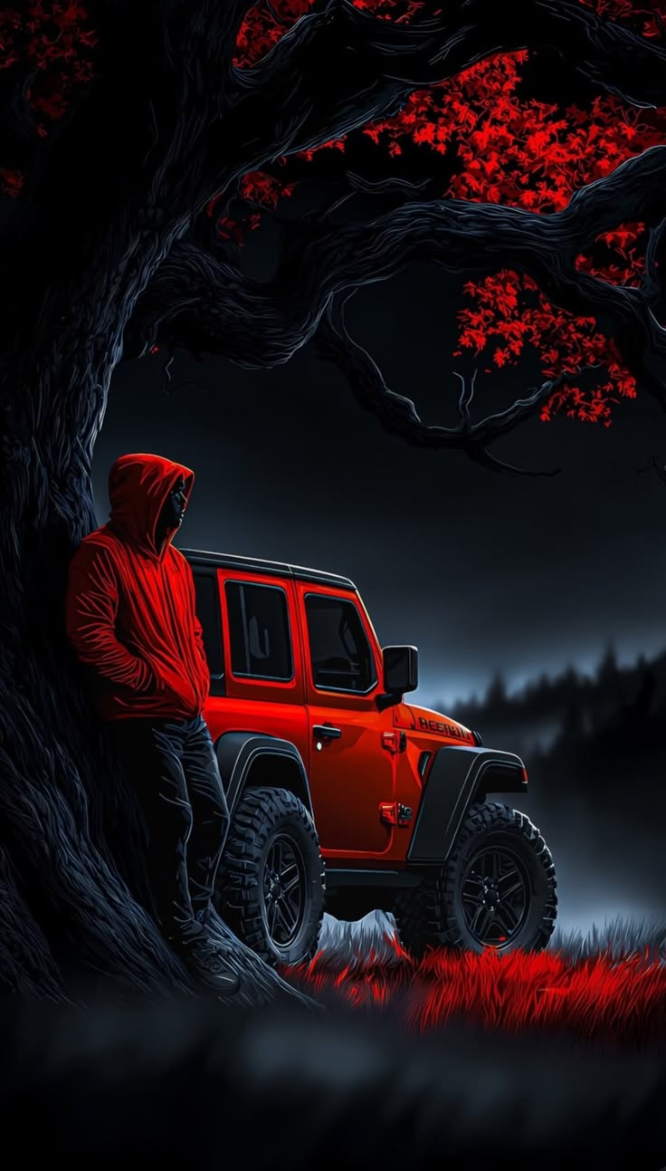 #rojo #red #jeep #aventura #adventure #noche #night #hoodie #oscuro #dark #bosque #forest