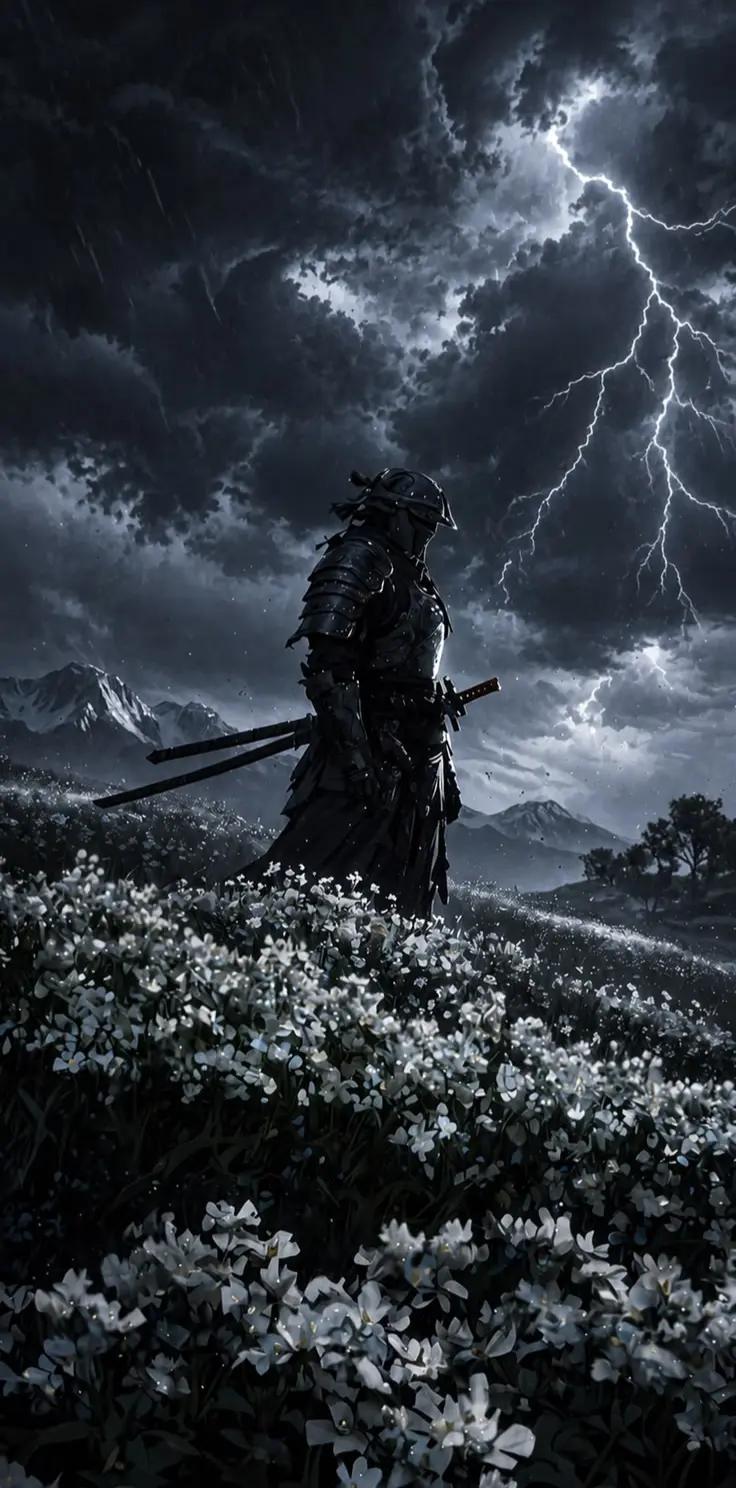 #samurai #samurai #guerrero #warrior #tormenta #storm #rayo #lightning #flores #flowers #oscuro #dark