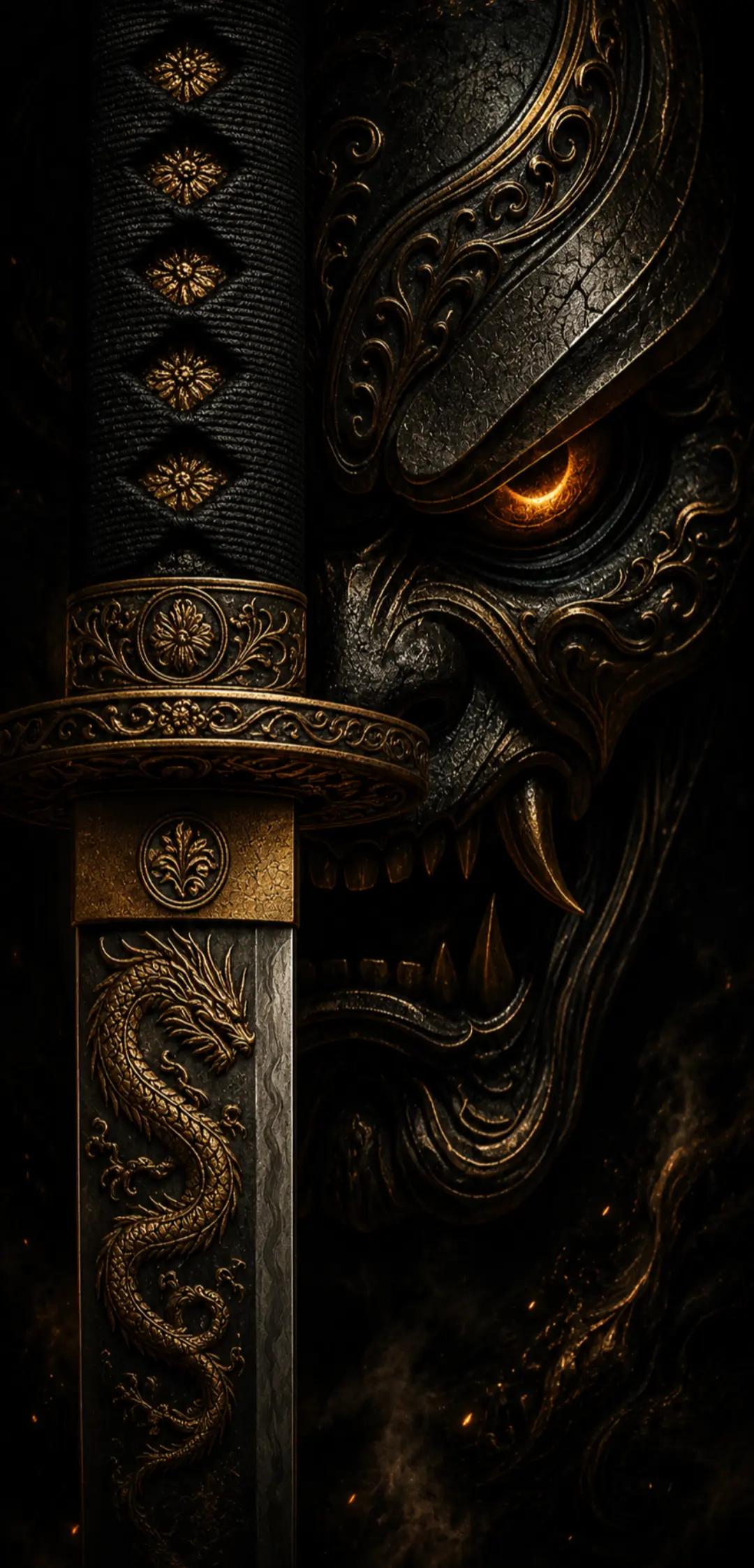 #samurai #samurai #katana #espada #oni #mascara #dragon #oscuro #dark #dorado #golden